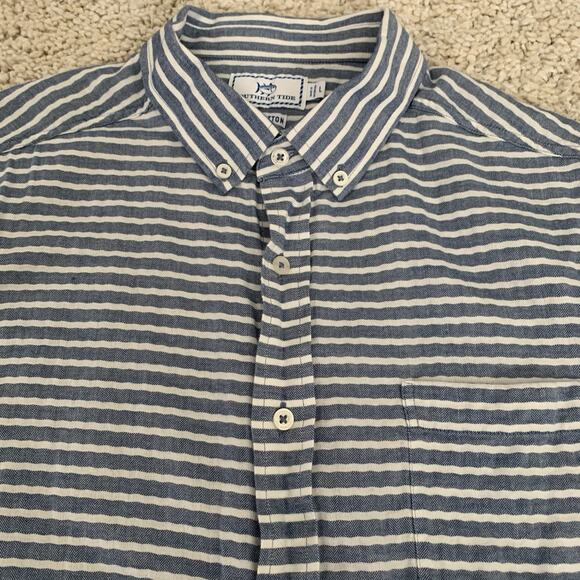 Southern Tide Shirt Mens Large Blue Striped Short Sleeve Button Up Woven Cotton - Picture 1 of 6